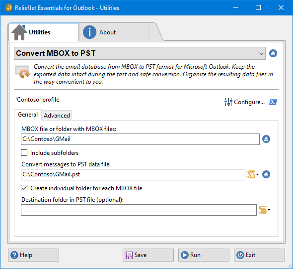 The converter pointed at the folder of the Gmail Takeout archive, with Gmail.pst as the destination