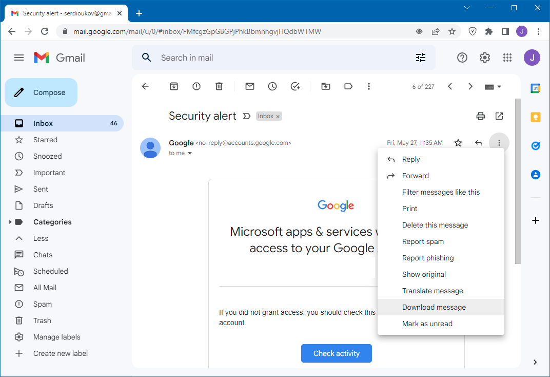 The Gmail message menu with “Download message”, which saves the email as an EML file