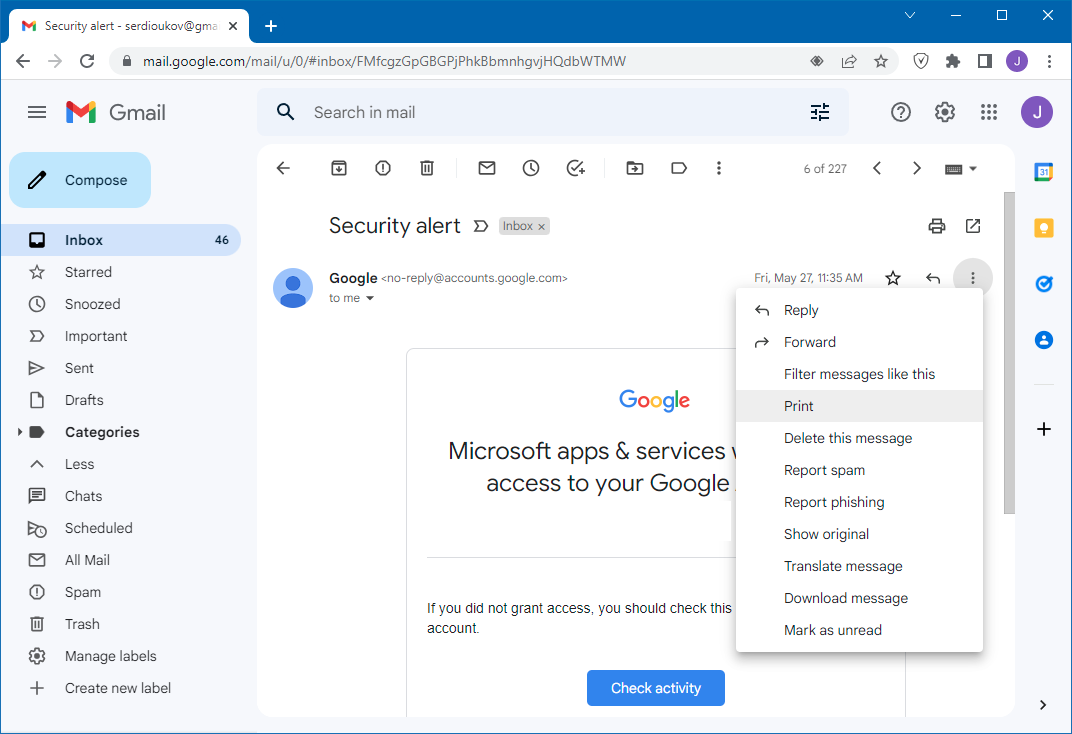 The Gmail message menu with Print — the route to saving the email as a PDF
