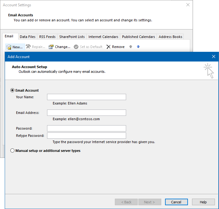 The Outlook Account Settings window with the Add Account form open over it