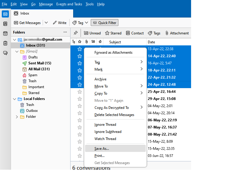Thunderbird: the context menu of the selected messages with the “Save As…” command
