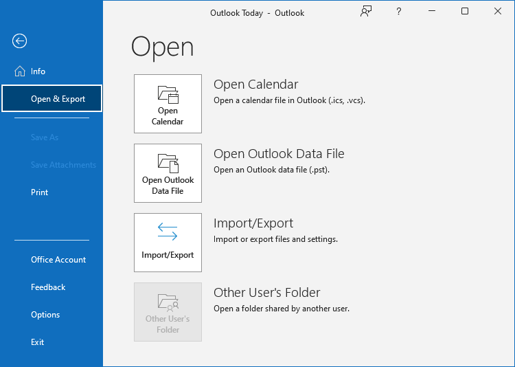 Outlook: File → Open & Export, with the Import/Export button