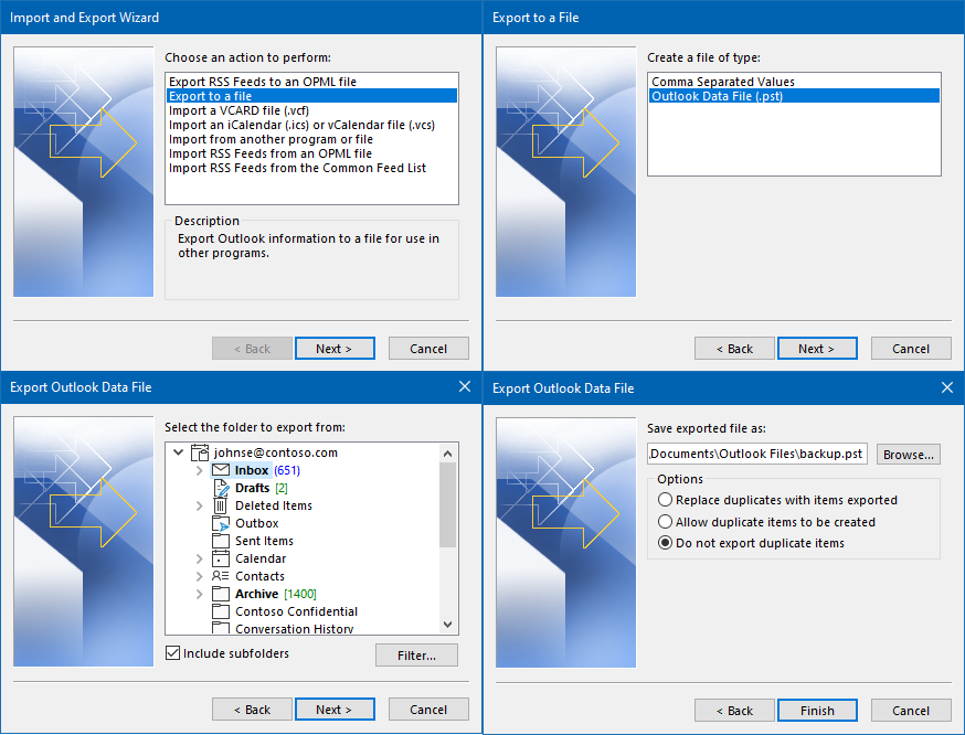The four steps of the Outlook Import and Export Wizard: export to a file, Outlook Data File (.pst), pick the folder, name the file