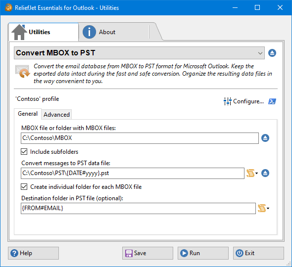 The Convert MBOX to PST utility: the source MBOX file or folder, the destination PST data file and the Run button