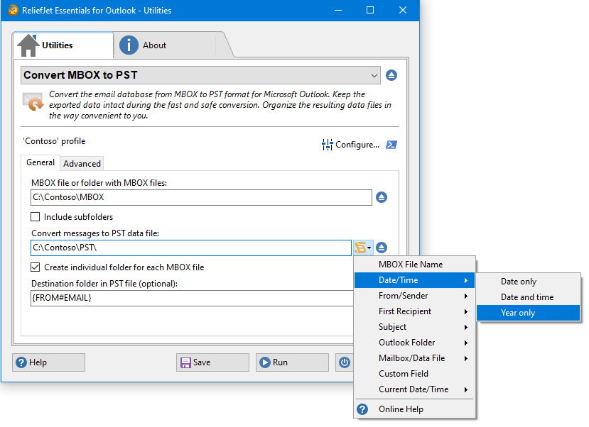 The macro list for the PST file name, opened on Date/Time → Year only