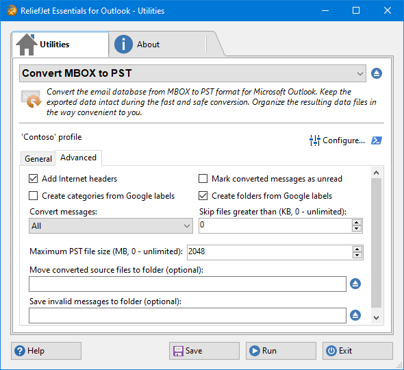 The Advanced tab: Internet headers, folders from Google labels, message filter and the maximum PST file size