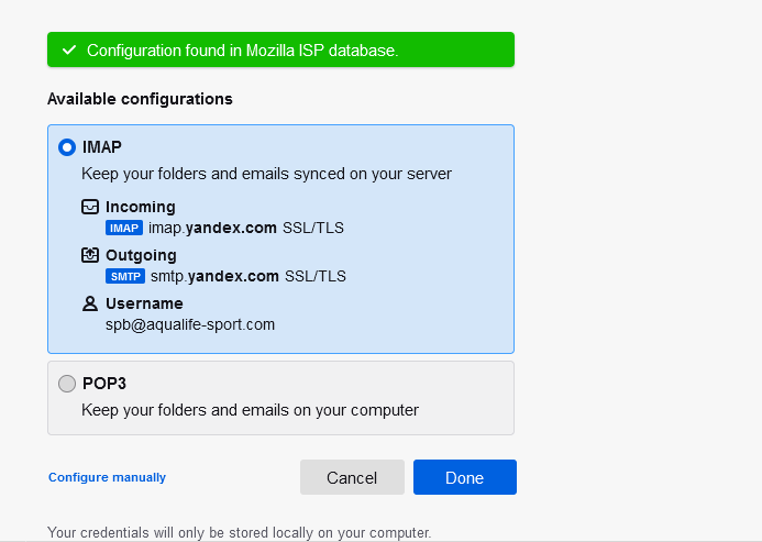 Thunderbird found the configuration and offers IMAP with the incoming and outgoing servers filled in
