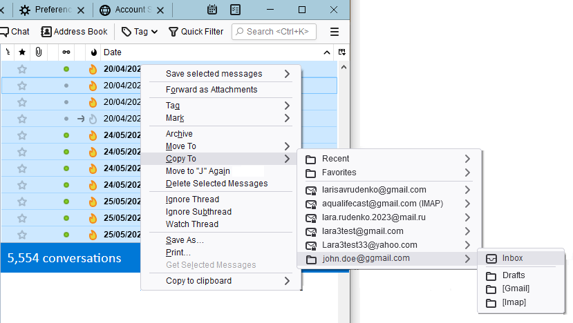 Thunderbird: “Copy To” in the context menu of the selected messages, pointing at a folder of the IMAP account