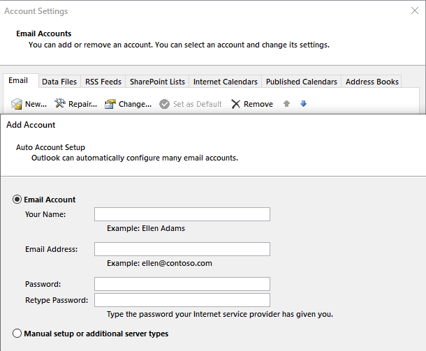 The Outlook Add Account window: name, email address and password