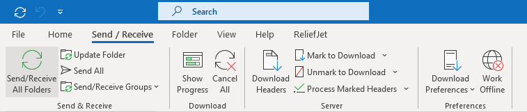 The Outlook ribbon: the Send / Receive tab with “Send/Receive All Folders”
