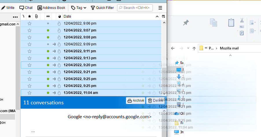 Messages selected in Thunderbird being dragged into a folder on the computer
