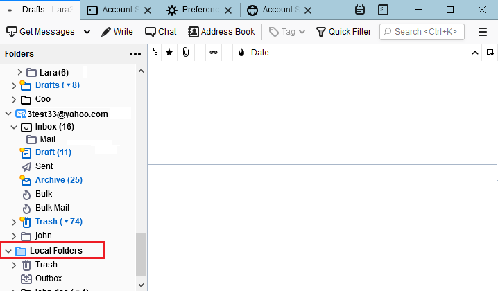 The Thunderbird folder list with the Local Folders directory highlighted