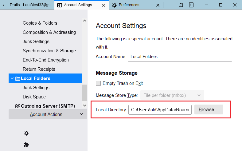 The Local Folders settings with the Local Directory path to the MBOX files highlighted